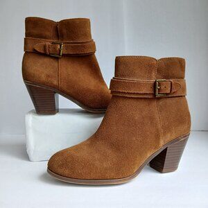 'Lynne' Cognac Suede Ankle Strap Boots Cowboy Style Stacked Slant Heels Sz 6.5